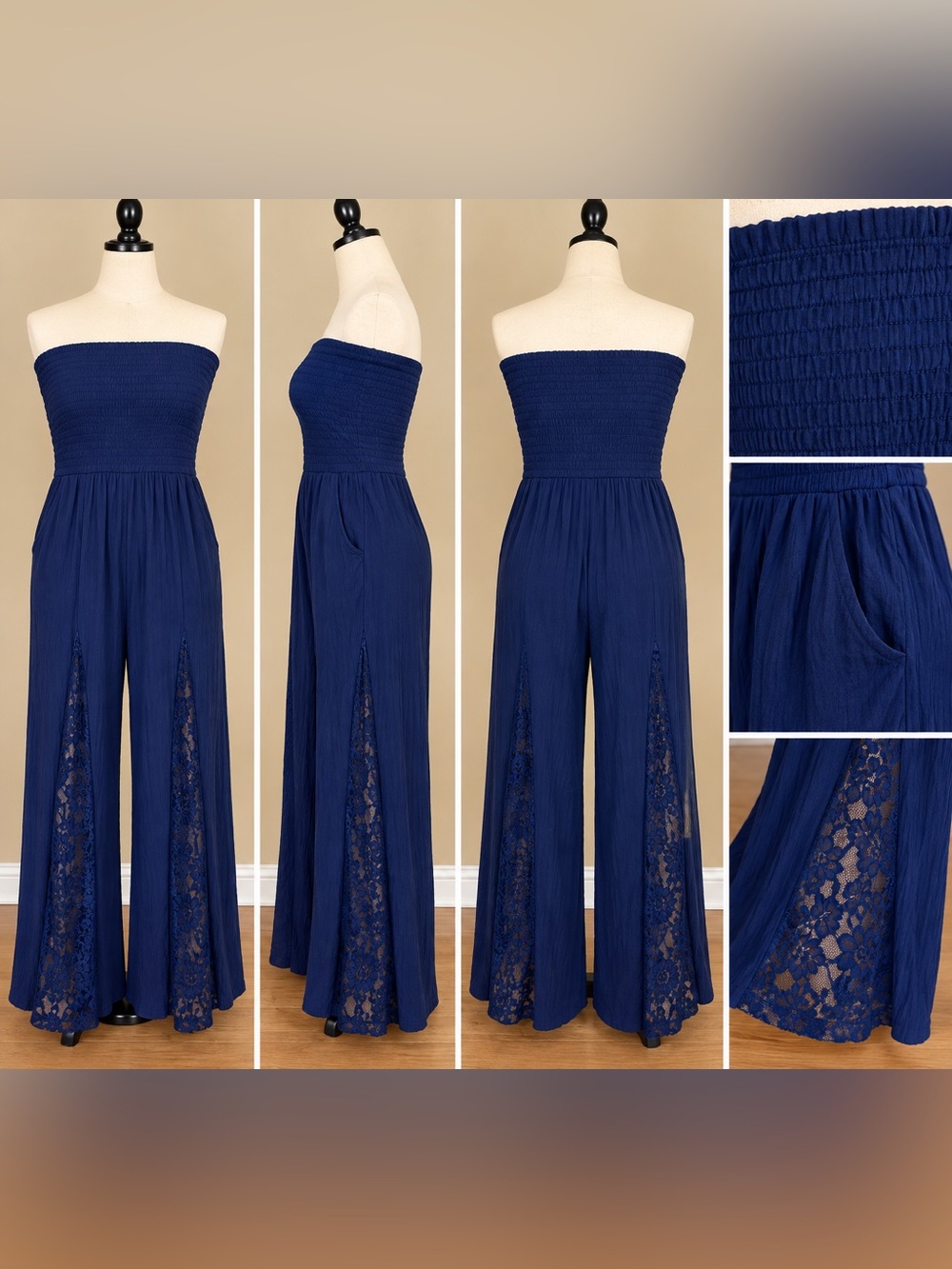 Amazon Strapless Navy Lace-Panel Wide Leg Jumpsuit